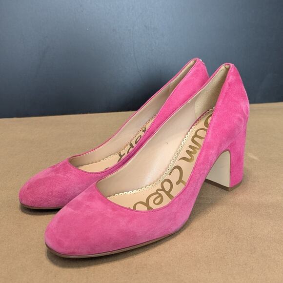 Sam Edelman Junie Hot Pink Block Heels Pumps Womens 8 Slip On Suede Leather - Picture 2 of 6